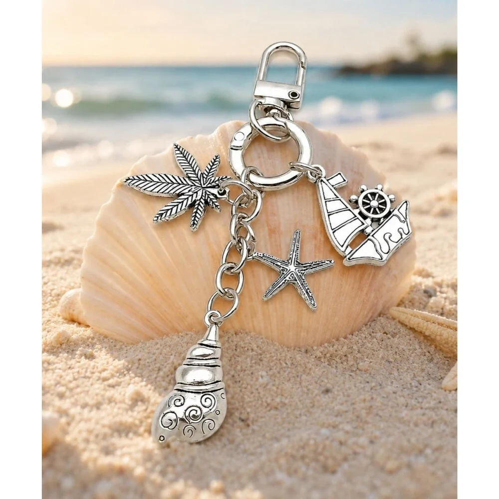 Silver Nautical Beach Keychain Starfish Seashell Sailboat Palm Leaf Bag Charm